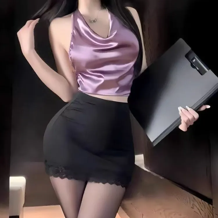 【夜香美】紫色韵味OL秘书制服挂脖式大荡领美背包臀裙