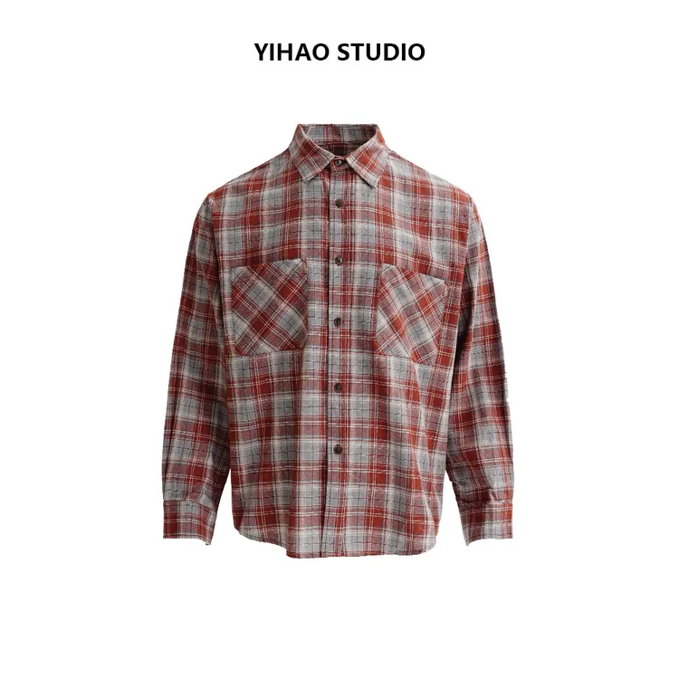 YIHAO STUDIO秋季新款男士格子衬衫男款长袖宽松经典翻领衬衣