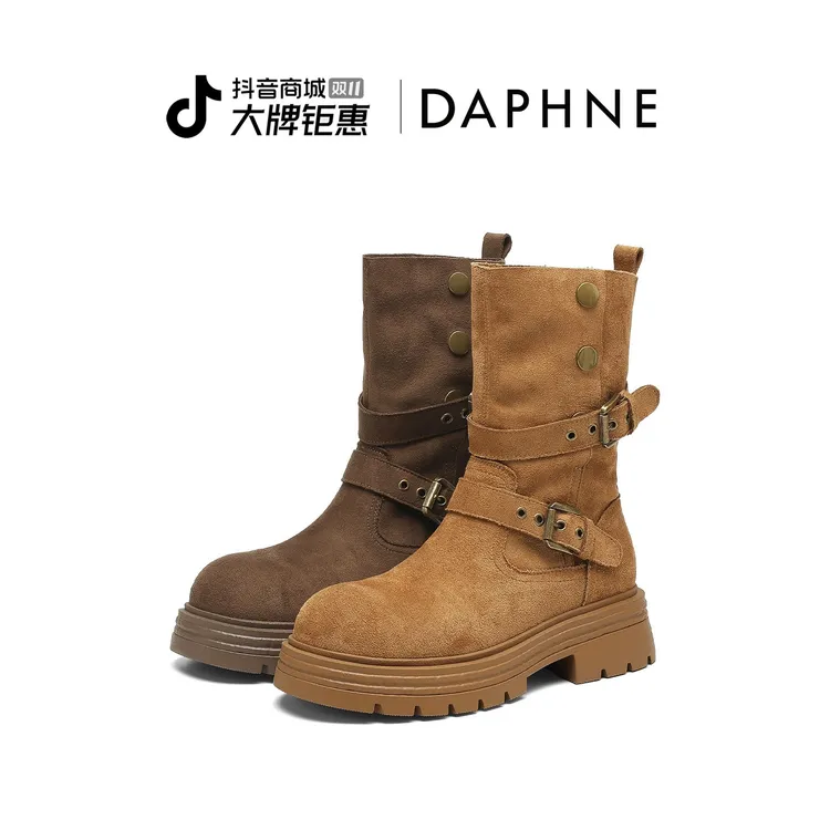 【宋茜代言】达芙妮欧美风复古港风圆头防滑粗跟时装厚底沙丘废土风