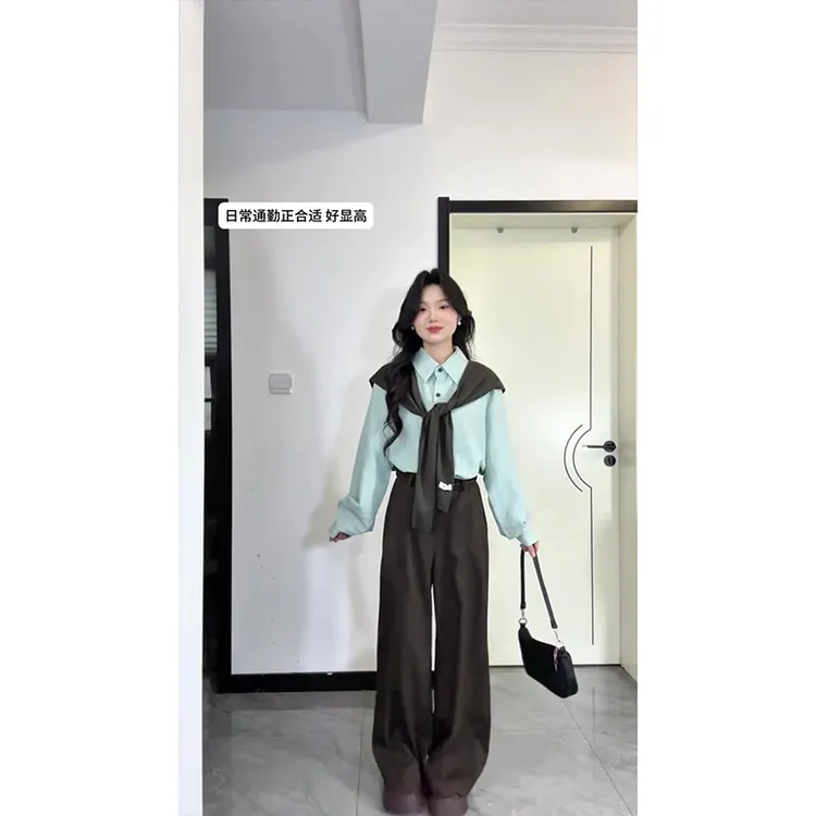 法式巨好看绿色长袖衬衫外套女秋季新款宽松显瘦上衣开衫裤子套装