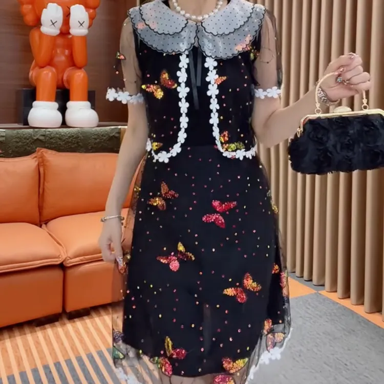 新款女装夏季新款时尚洋气防晒网纱刺绣连衣裙