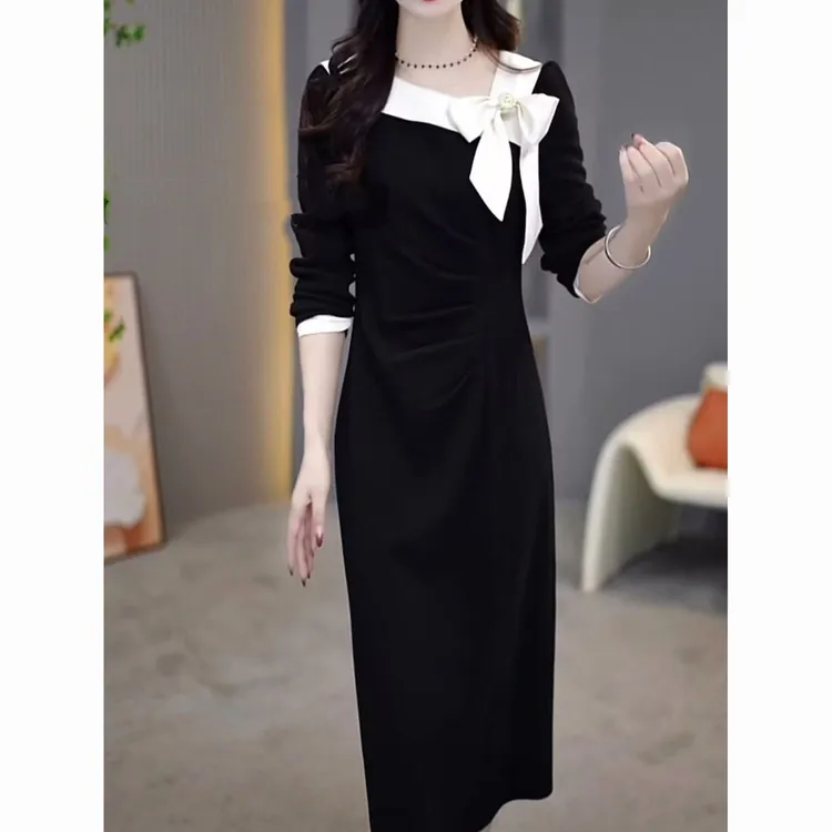 D344 春季气质经典中长款连衣裙2025新款时尚显瘦爆款遮肚裙子