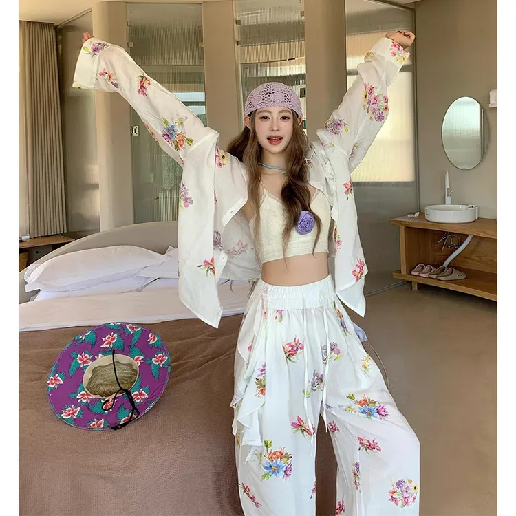 法式亚麻衬衫套装女夏季碎花宽松慵懒风休闲衬衣阔腿裤两件套