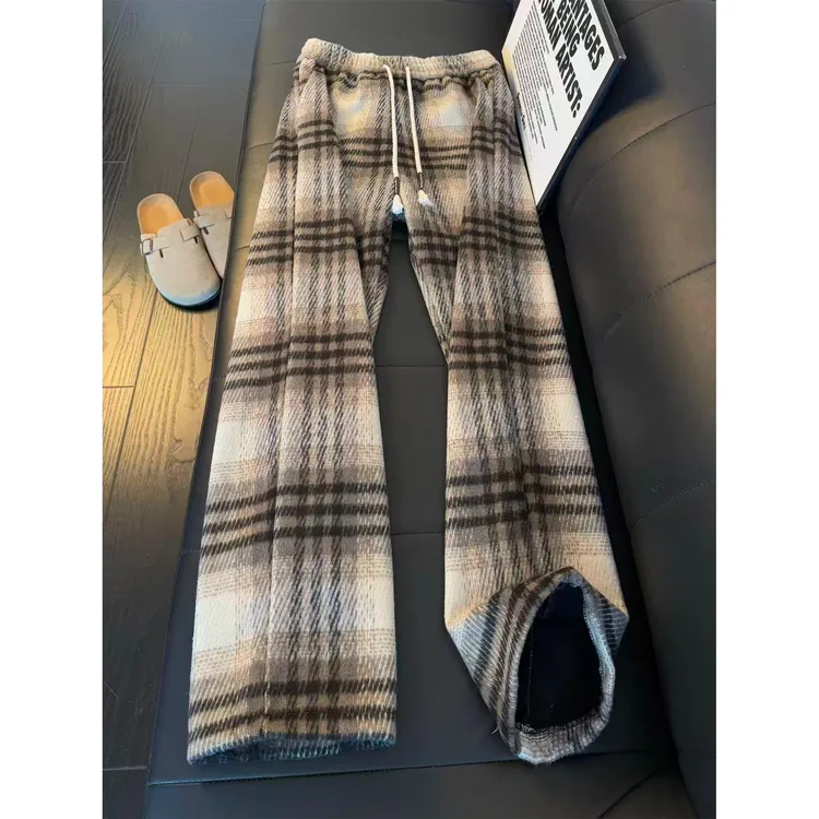美式复古高街毛呢格子裤男款秋冬季加绒加厚设计感直筒休闲阔腿裤