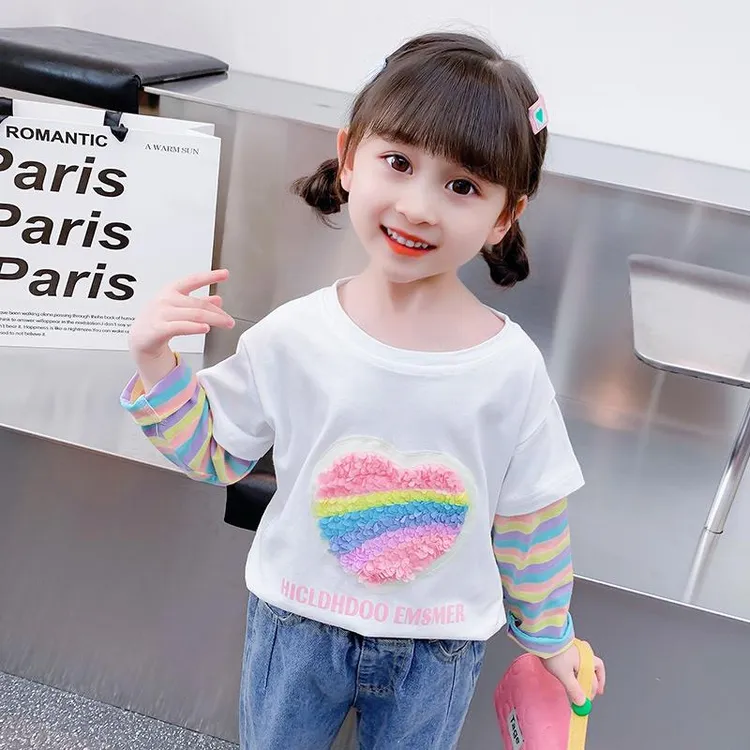 儿童打底衫春季2023新款女童洋气假两件韩版T恤3外穿百搭时髦春秋