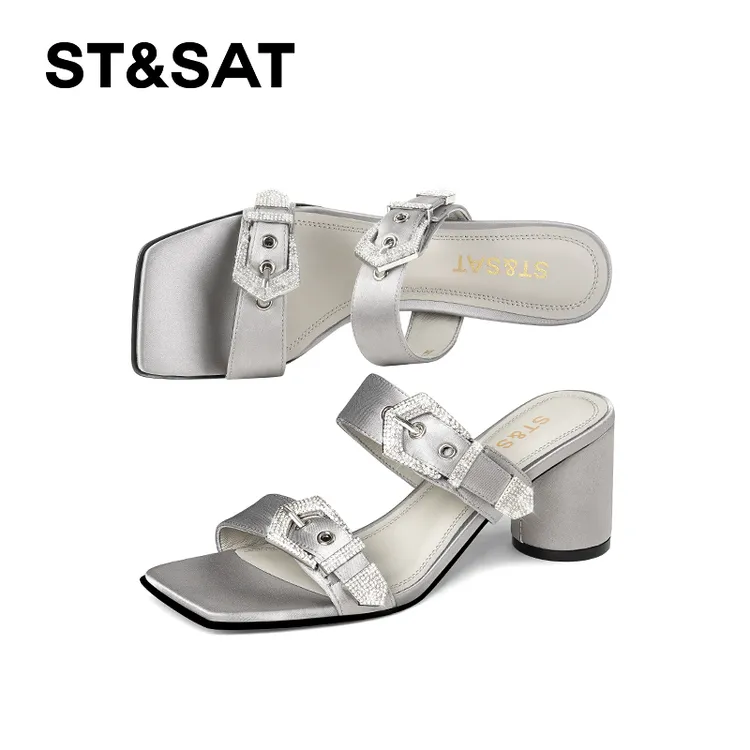 St&Sat/星期六时尚外穿方头一字拖粗跟水钻休闲风百搭高跟夏季