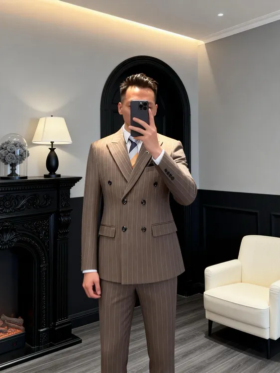 高档西服套装双开叉双排扣商务黑色咖啡色条纹西装新郎结婚礼服男