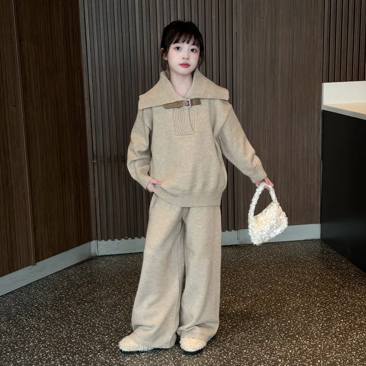 女童秋冬季2025新款中大童洋气毛毛马甲韩系加厚毛衣阔腿裤套装潮