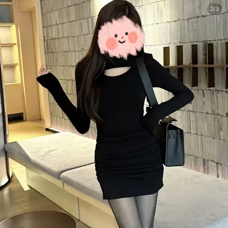 高级感半高领修身显瘦黑色性感镂空包臀连衣裙