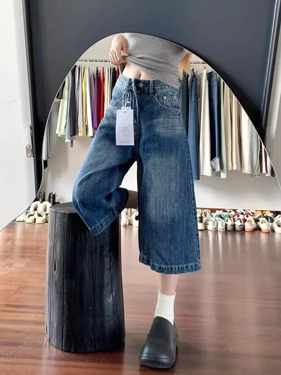 美式复古高腰宽松七分阔腿直筒牛仔裤女夏季新款水洗垂感显瘦