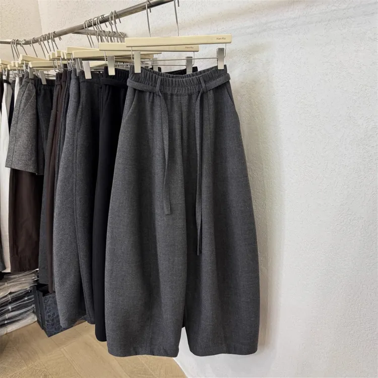 系带松紧腰毛呢休闲弯刀裤女加厚秋冬新款显瘦慵懒风阔腿垂感长裤