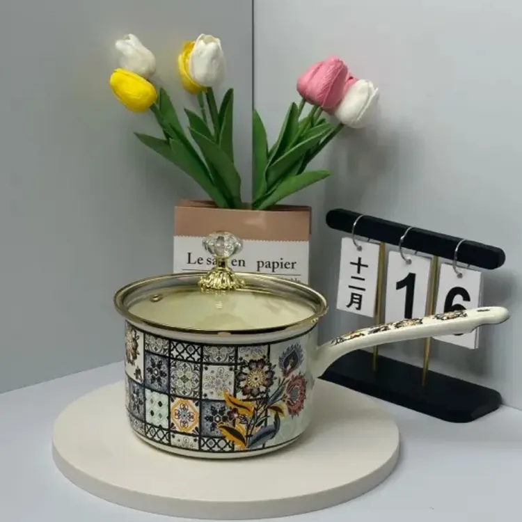 高颜值描金法式复古印花搪瓷辅食奶锅家用煮奶煮粥锅电磁炉通用