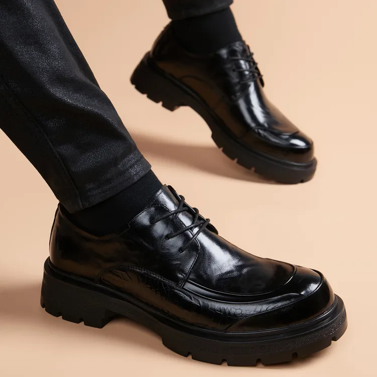德比鞋男款厚底增高黑色大头圆头通勤工装商务百搭男士休闲皮鞋子