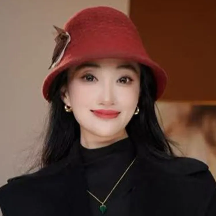 达芬奇密码花朵羊毛渔夫帽时尚加厚复古百搭贵妇漂亮洋气秋季帽子