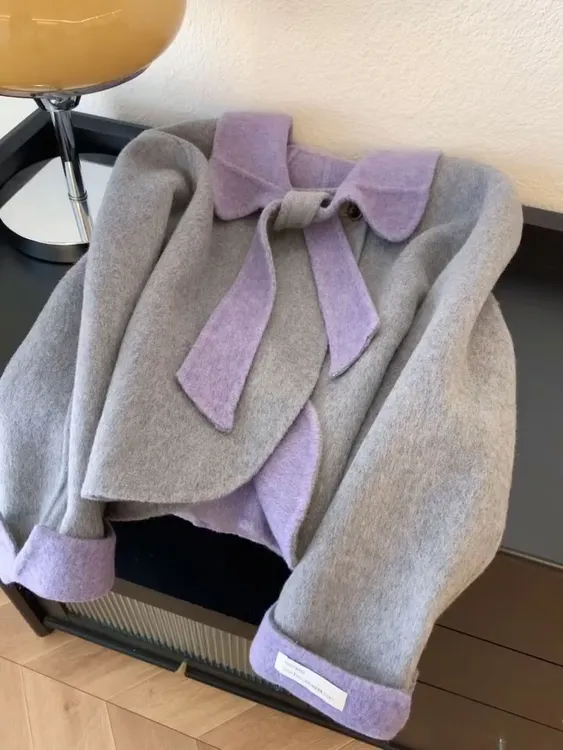 韩版复古撞色娃娃领羊毛外套女秋冬季新款设计感系带短款毛呢外套