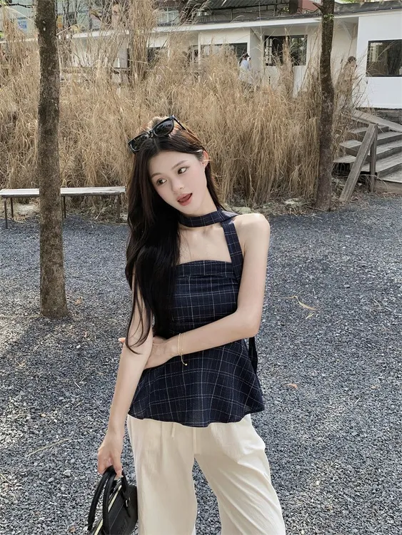 韩版辣妹格子抹胸背心女2025夏季设计感修身显瘦短款露肩蓬蓬上衣