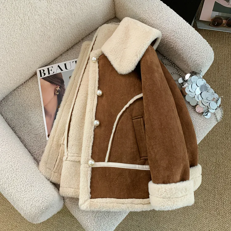 咖色小香风仿羊羔毛外套女装冬季2025新款高级感皮毛一体加厚大衣