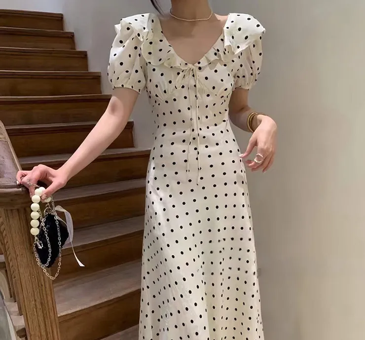 夏季女装新款时尚法式优雅波点短袖连衣裙修身收腰显瘦V领长裙子