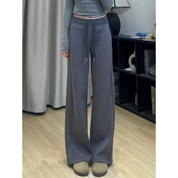 藏青色加绒运动裤女秋冬2025新款高腰显瘦宽松休闲lulu阔腿裤卫裤