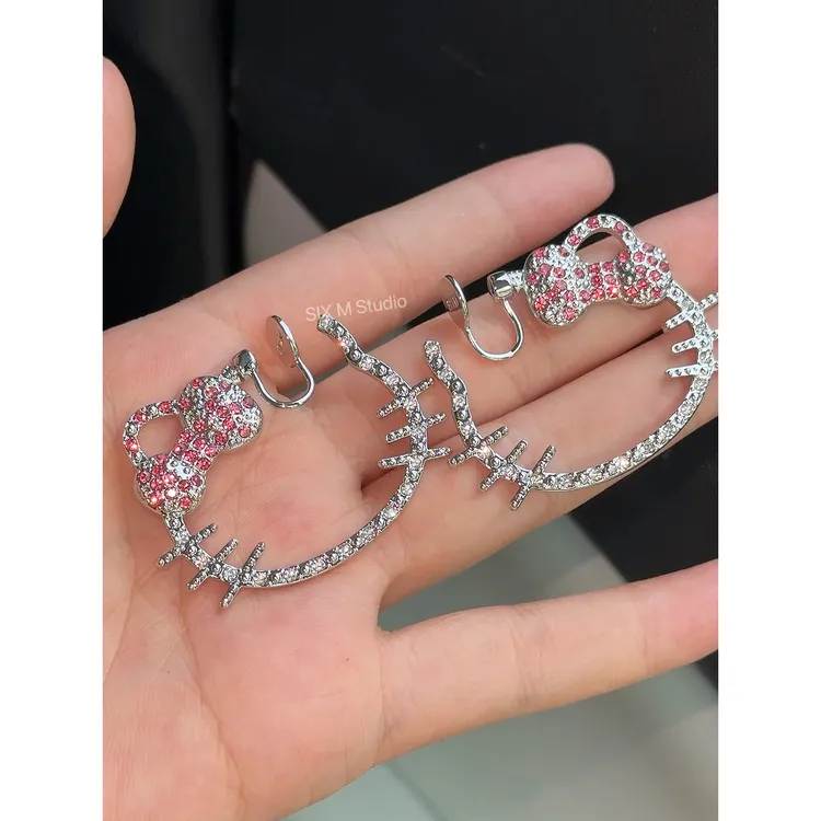 合金耳饰 KT猫辣妹耳夹耳钉满钻粉色夸张欧美复古vintage百搭小众