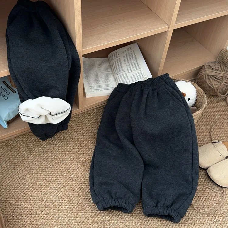 儿童宝宝灰色加绒加厚卫裤秋冬新款男女同款束脚裤冬款保暖裤子