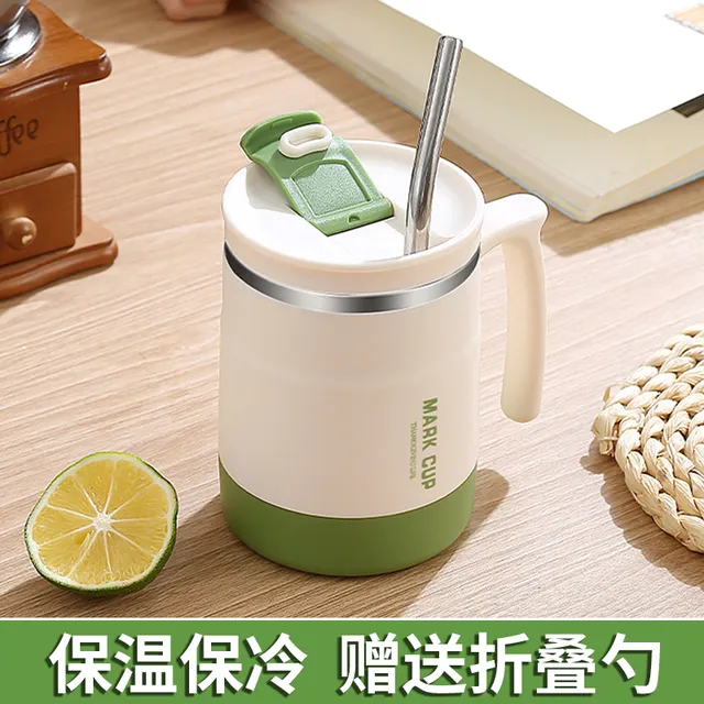 保温杯女2025新款早餐杯带勺水杯咖啡杯随行杯带吸管不锈钢马克杯