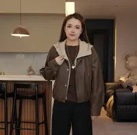 【欧加粒粒】连帽显瘦假两件拼接休闲皮衣外套秋季新款女 Y25090813