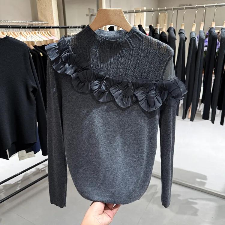 半高领荷叶边拼接露肩针织衫女2025秋冬新款内搭打底衫百搭上衣女