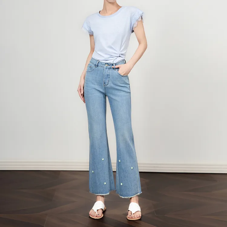 薄款微喇型女高腰钉珠夏季牛仔裤休闲女士女装荡领修身
