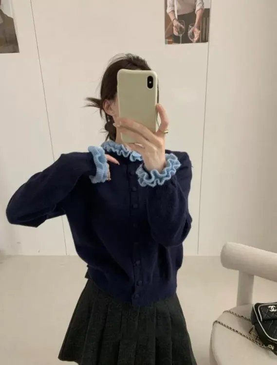 时尚气质长袖上衣2025秋冬装法式木耳边撞色宽松减龄针织衫#2544