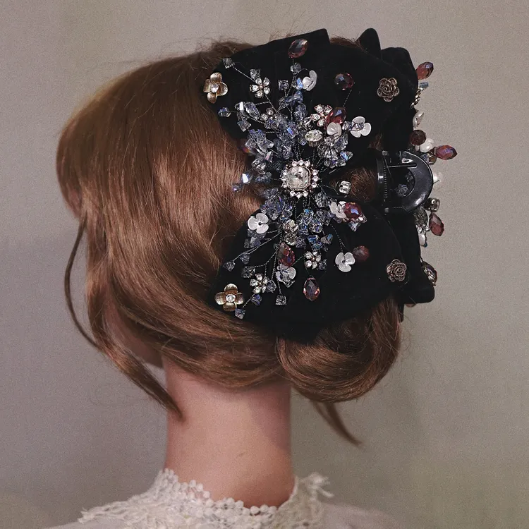 奢华黑色丝绒蝴蝶结高级感水晶抓夹头饰女大号鲨鱼夹公主盘发夹子