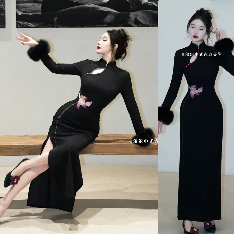 【尔尔古典美学】原创复古新中式刺绣旗袍【映荷长袖】秋季修身中国风