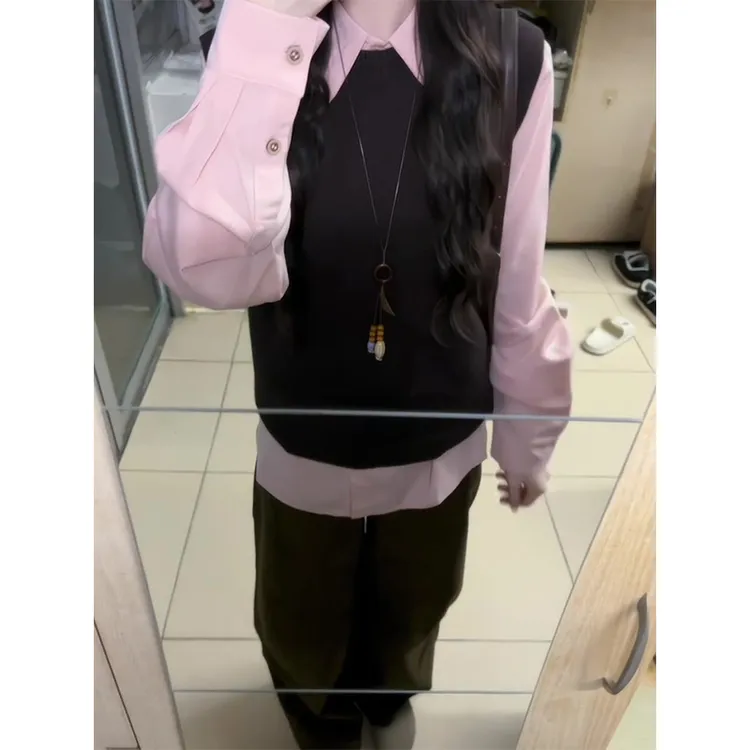 入秋一整套女装针织马甲背心内搭叠穿长袖衬衫高腰显瘦休闲阔腿裤