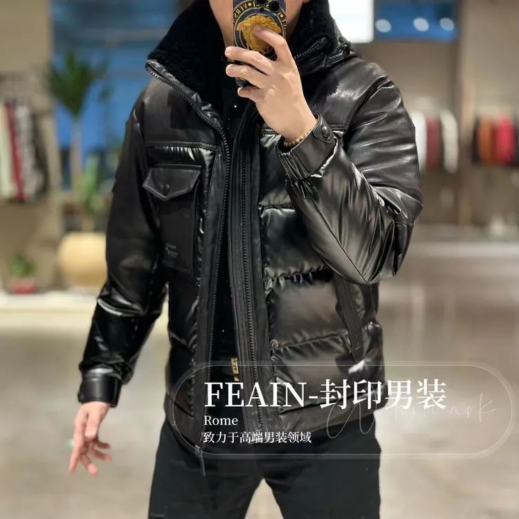 【鹅绒真皮真毛领】进口羊皮拼接真毛领帽子可拆卸羽绒服701