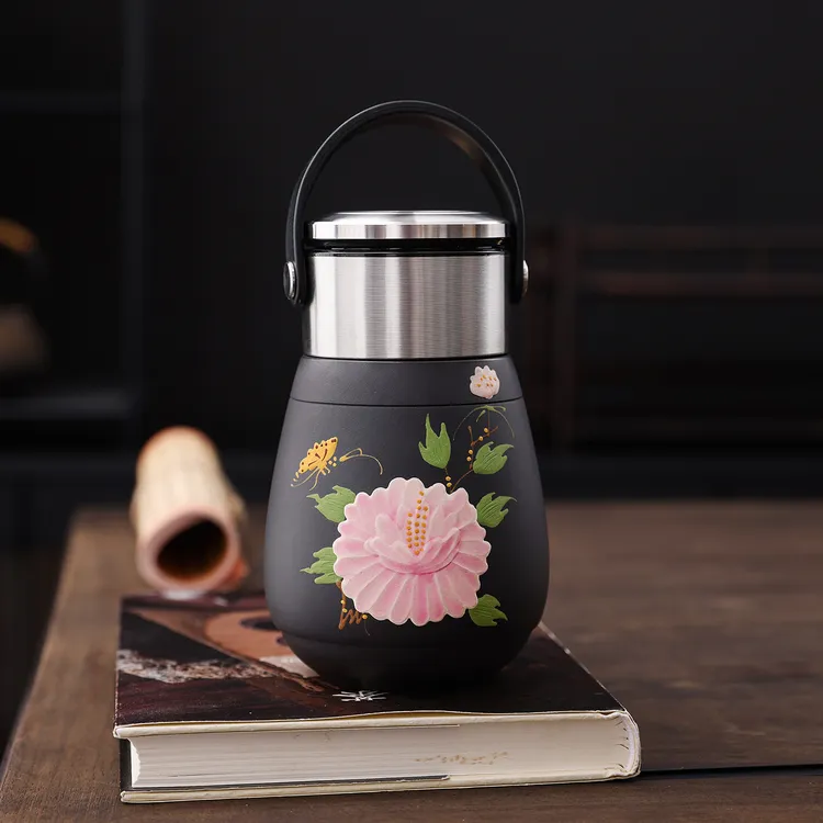 宜兴紫砂泥绘牡丹花泥绘喜上眉梢感温变色随身车载便携旅行杯茶具