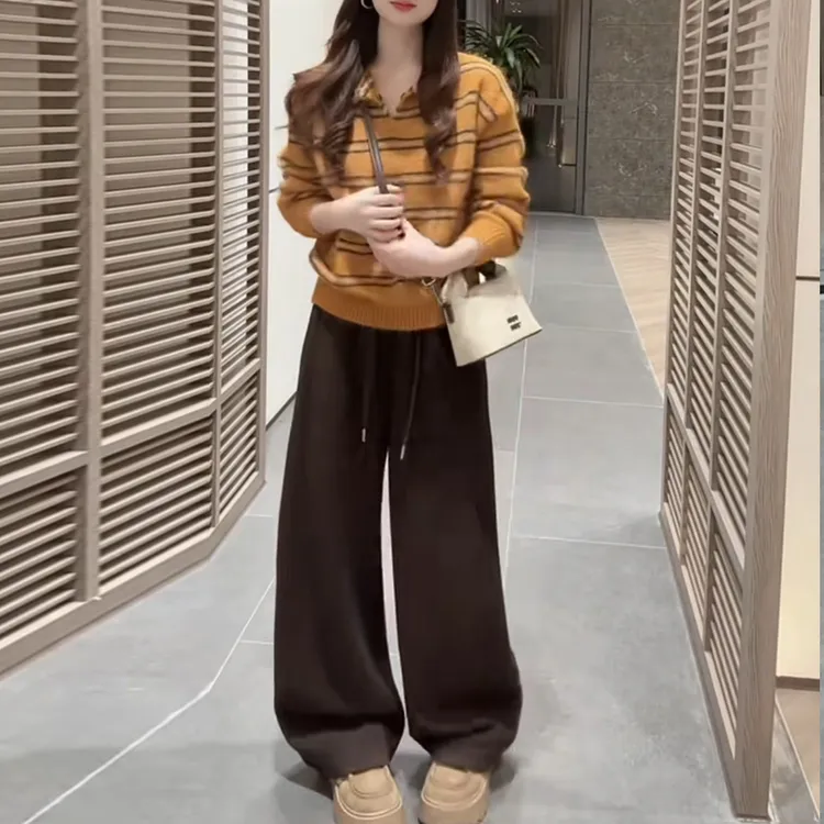 秋冬新款复古慵懒风针织衫软糯条纹毛衣松紧腰卫裤时尚套装