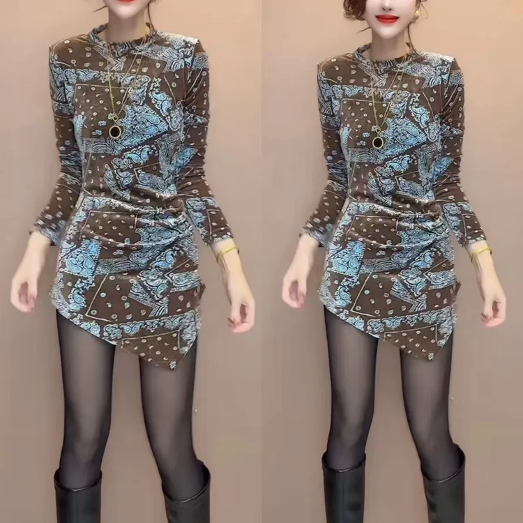 中长款法式圆领印花包臀打底衫女神名媛