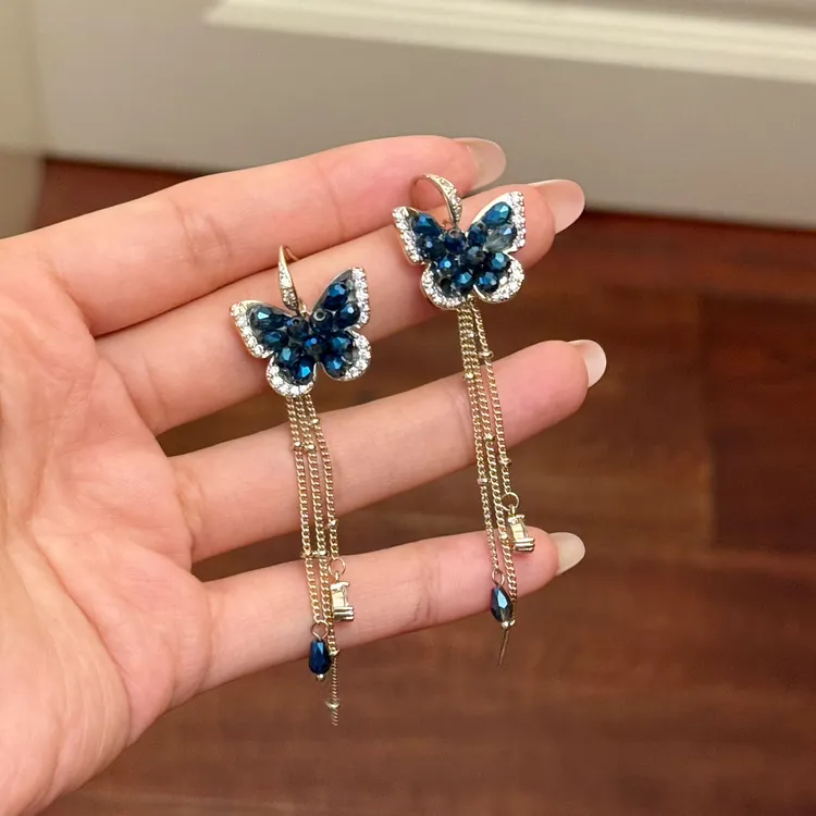 铜合金合成锆石耳饰 E0583 东大门手工蓝色蝴蝶流苏仙女女神耳环