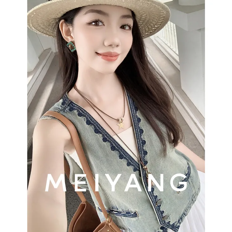A美洋MEIYANG 吉普赛牛仔马甲【商场同款】天丝棉V领刺绣花边