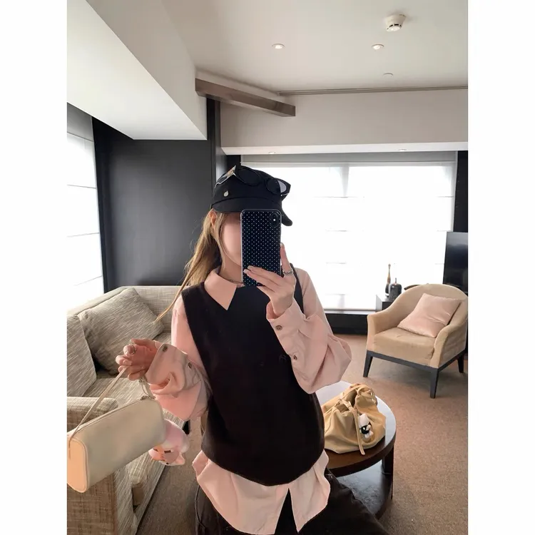 韩系衬衫+美拉德针织马甲背心女2025新款外搭叠穿上衣D805
