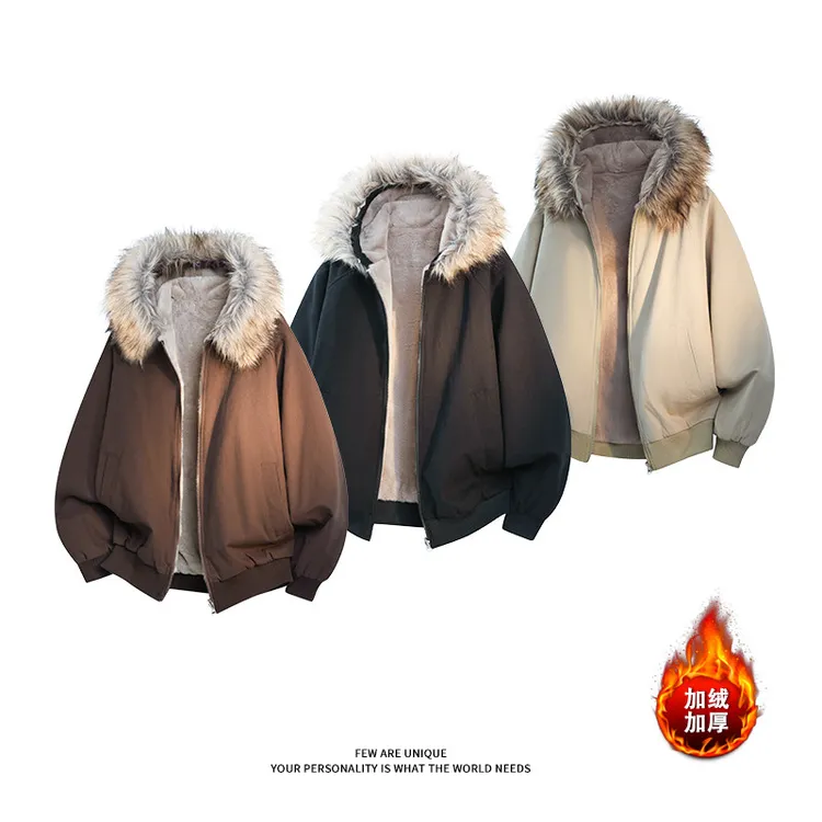 冬季新款大理石座山雕连帽绒毛棉衣外套男女冬季PU皮加厚保暖棉服