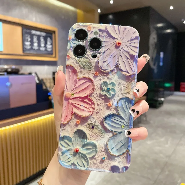 适用苹果/华为iPhone14/mate40韩风防摔油画花朵蓝光女新款手机壳