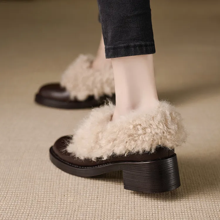 4.5cm~女冬外穿乐福毛毛鞋新款真皮加绒保暖单鞋女一脚蹬小皮鞋