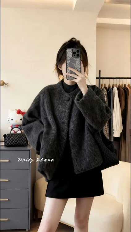 慵懒风黑色高级感轻奢毛绒绒外套女小众气质宽松显瘦洋气长袖上衣