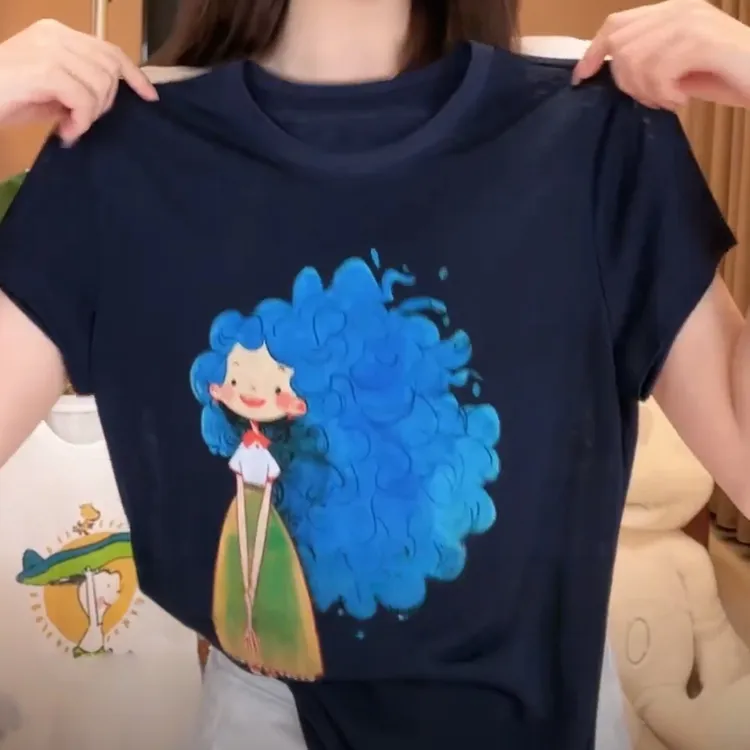 设计感卡通女孩短袖T恤女士2025夏季新款时尚百搭简约显瘦上衣