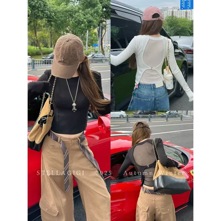 SG / 杨依姗 AW后背镂空网纱拼接长袖T恤T-20251379