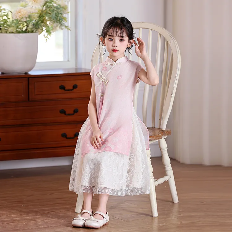 L20108女童连衣裙2025新款夏季套装女童改良旗袍裙中大童夏装