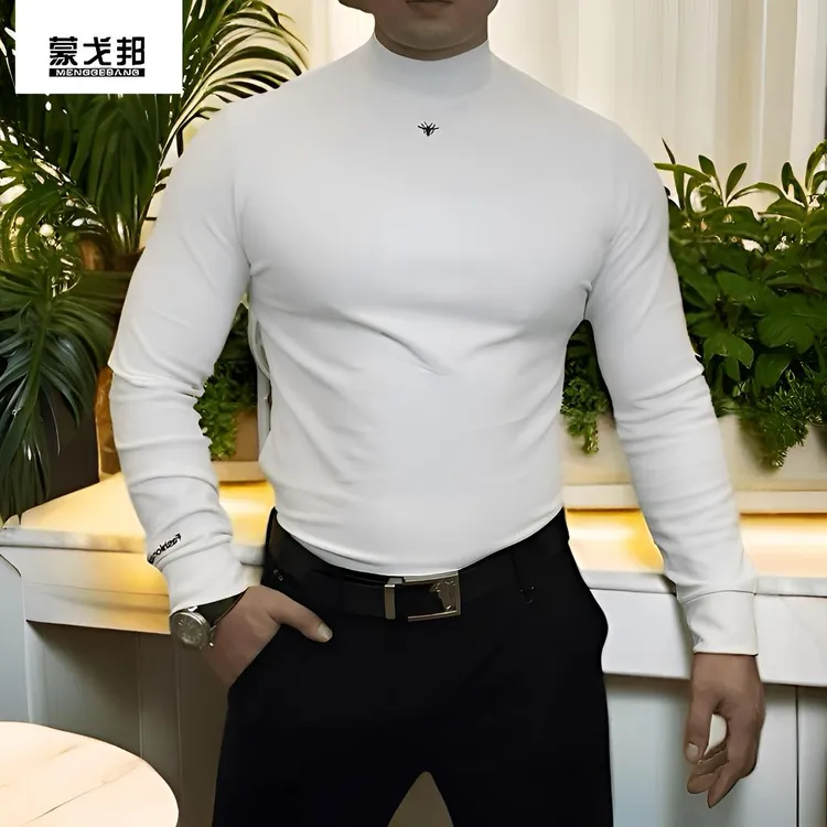 蒙戈邦蜜蜂刺绣半高领双面时尚显瘦德绒加厚秋冬内搭男百搭打底衫