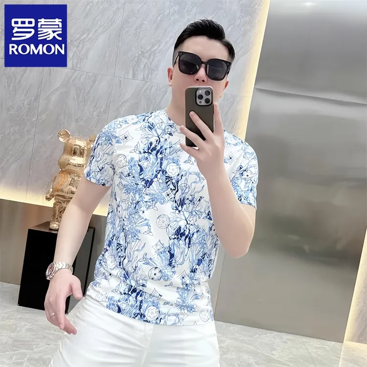 罗蒙新款2024夏季欧货潮牌网红重工印花短袖T恤男时尚修身帅气潮t