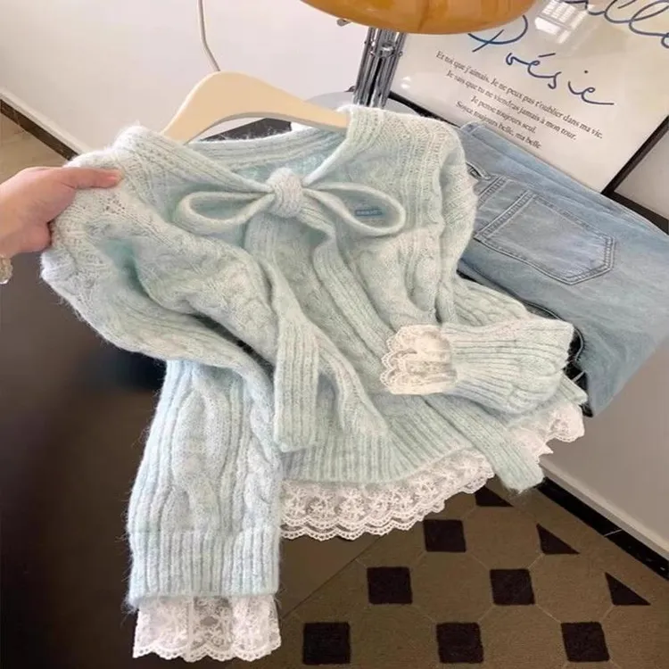 甜美蓝色蝴蝶结系带拼接毛衣秋冬宽松显瘦针织上衣小香风蕾丝下摆